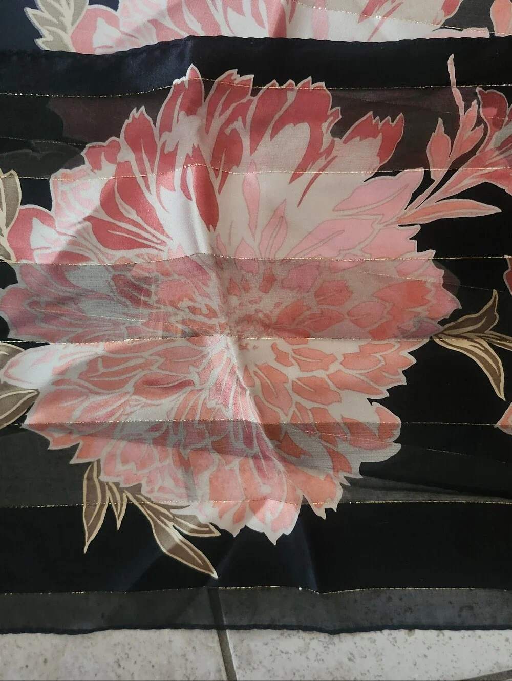 Vtg Sheer Black Floral Silk Scarf with Pink Bloom Print